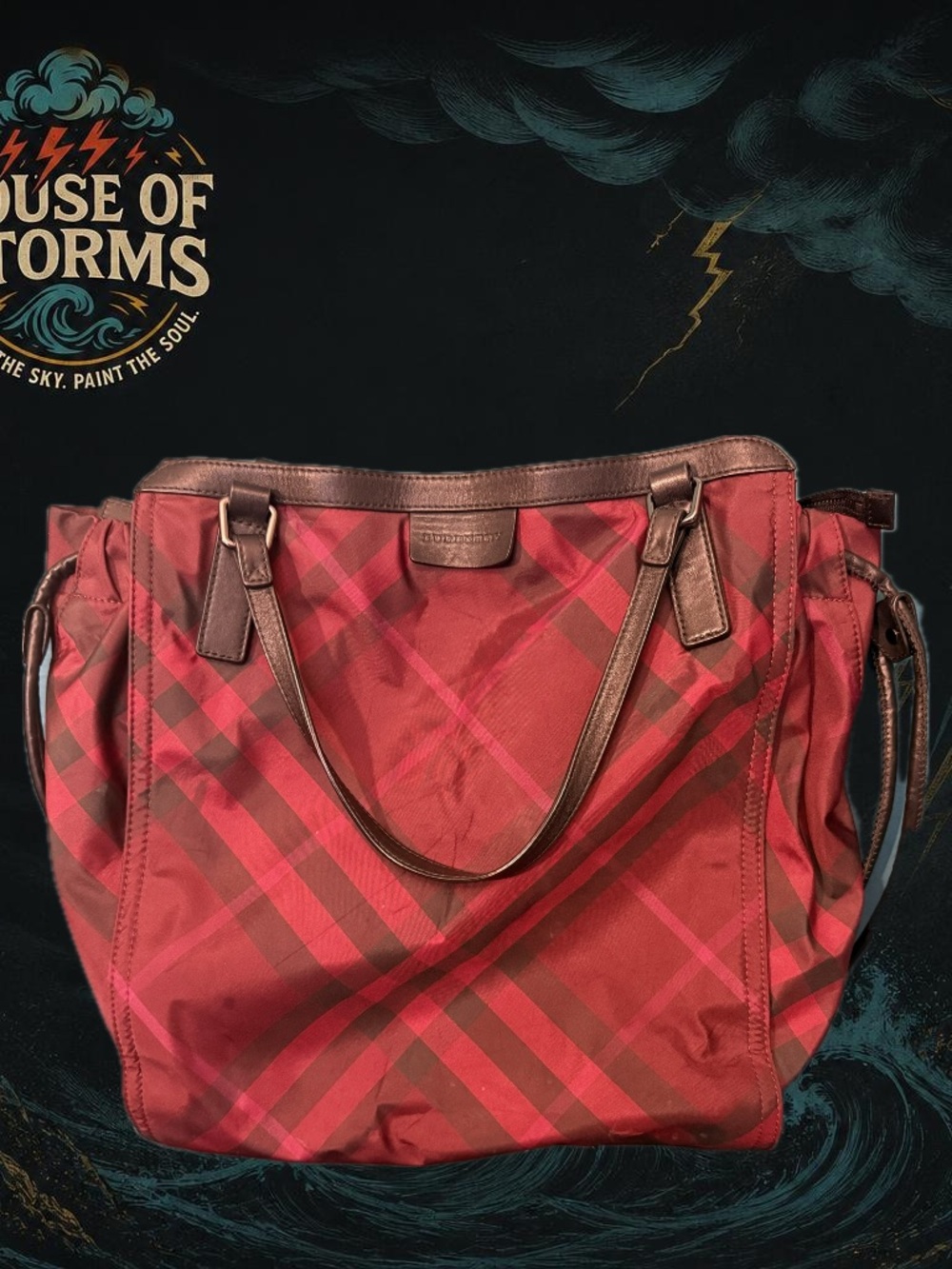 Burberry Red Plaid Tote with Brown Trim
